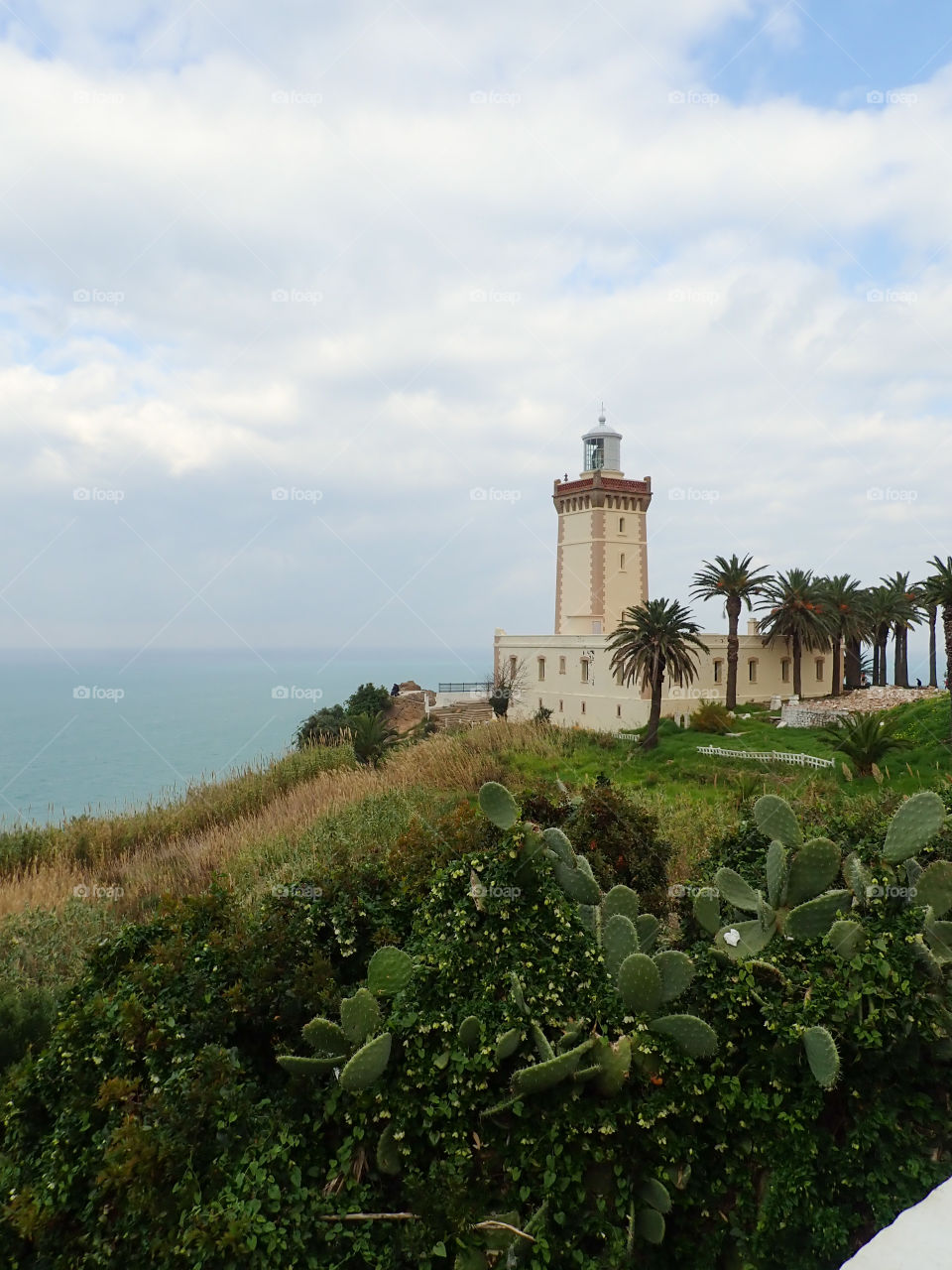 Morocco light house. Beautiful coastline, not what most think of when talking about the continent of Africa. Palm trees, green hills & the Atlantic ocean.