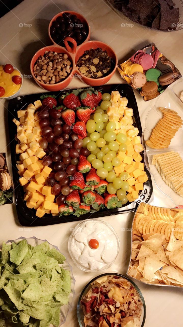 Snacks! Sweet and Salty always win. Grapes, cheese, dip, crackers, nuts, almonds, wine, containers, table, food, organic, diet, colors, macaroons 