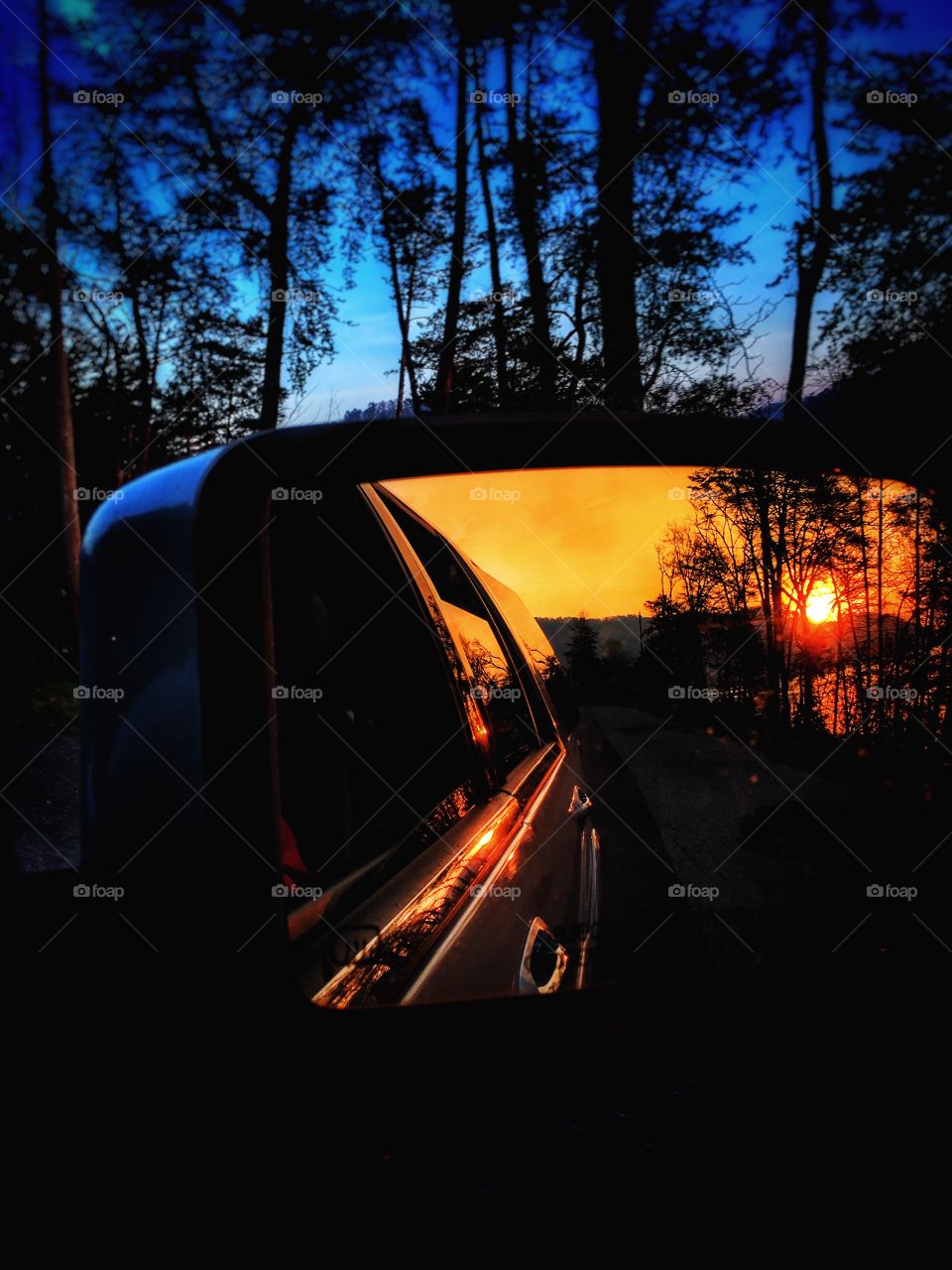 Rear view mirror sunset