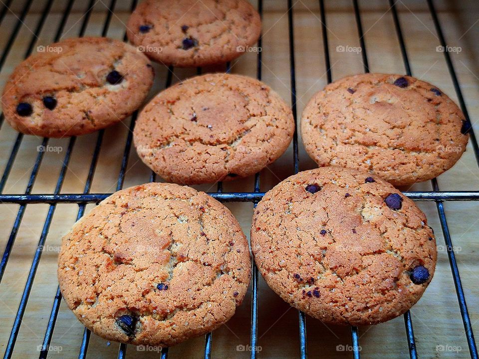 Chocolate chip cookies with chocolate chips lie on a metal grate