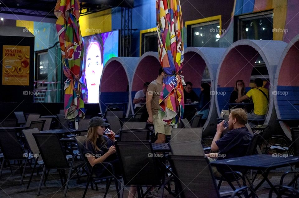 Summer, open-air cafe, food on the street, loft-style cafe.