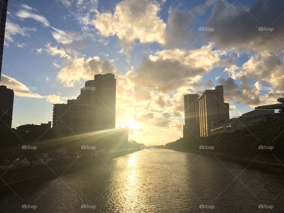 Shining canal. I took this photo on the bridge over Ala Wai Canal
