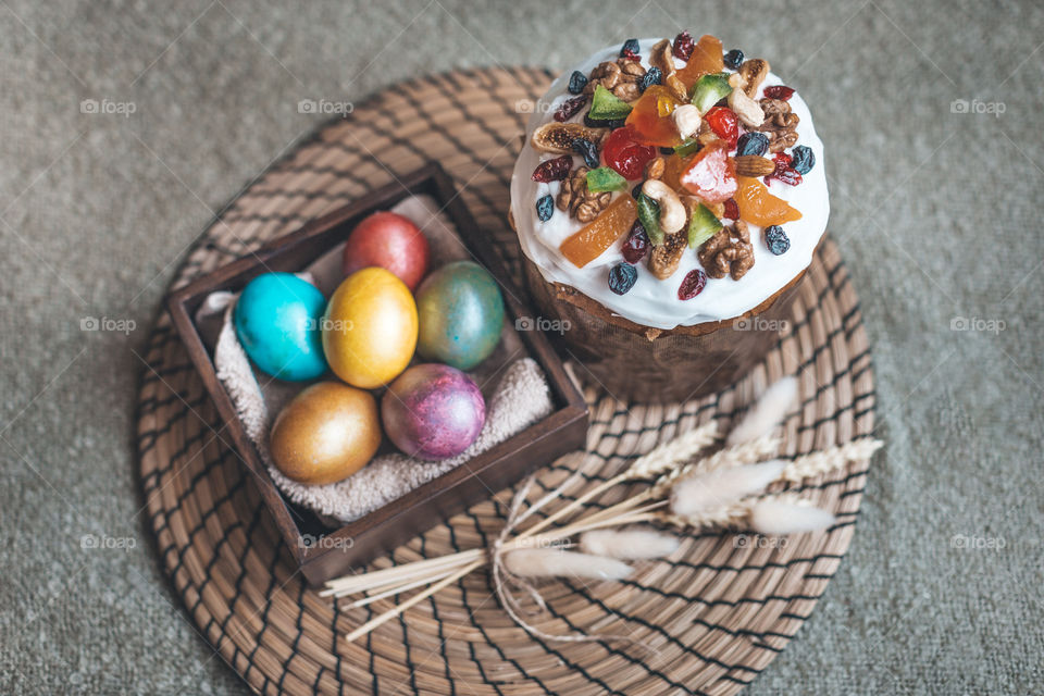 Easter colorful eggs and Easter cake