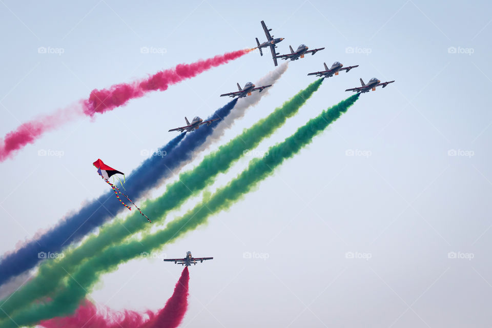 Al Fursan aerobatic team performing their tricks in the sky