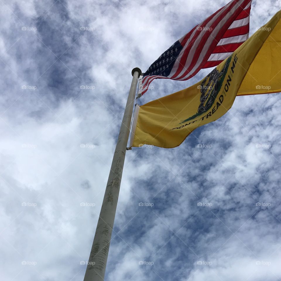 Tall yard flagpole flying American Flag & Yellow Don't Tread On Me Flag. Cloudy day with blue sky. Pic taken looking up towards Flags.