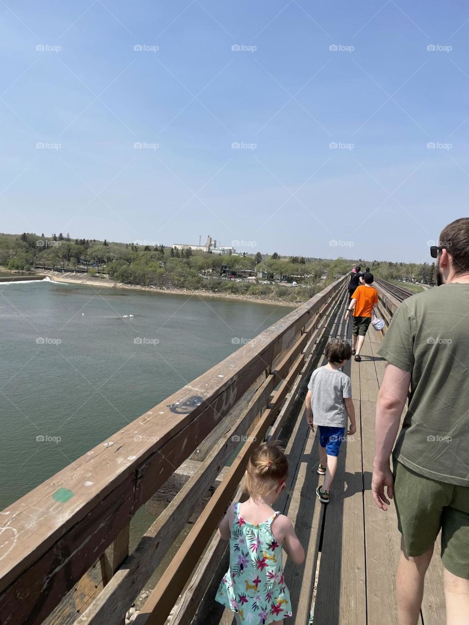 People, bridge, river