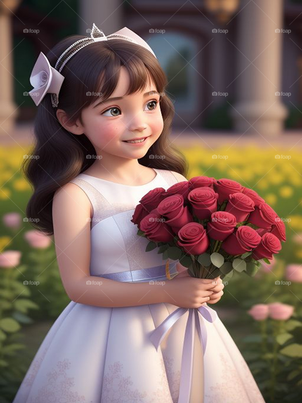 Cute little girl holding a beautiful bouquet of roses