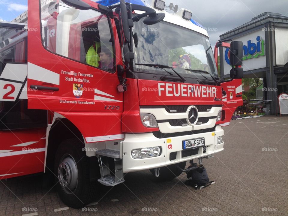 German firefighter truck with doors open, outside