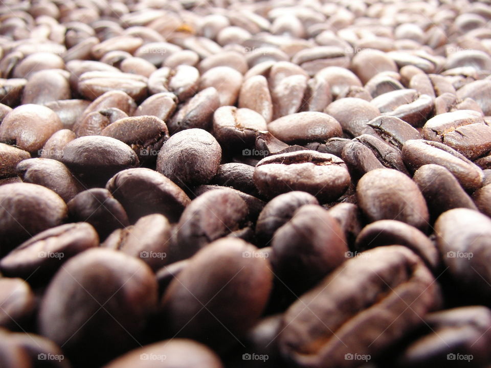 Roasted coffee beans being lit by the sun no