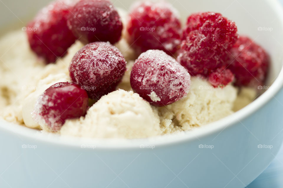vanilla ice cream with frozen and fresh cherry and raspberry.  cool down!