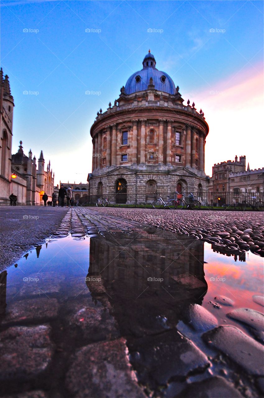 Reflection of Radcliffe camera during sunset 