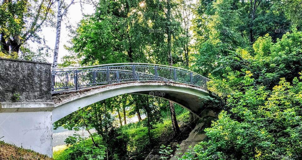 Bridge to the island. (Lithuania, Druskininkai, July, 2019).
