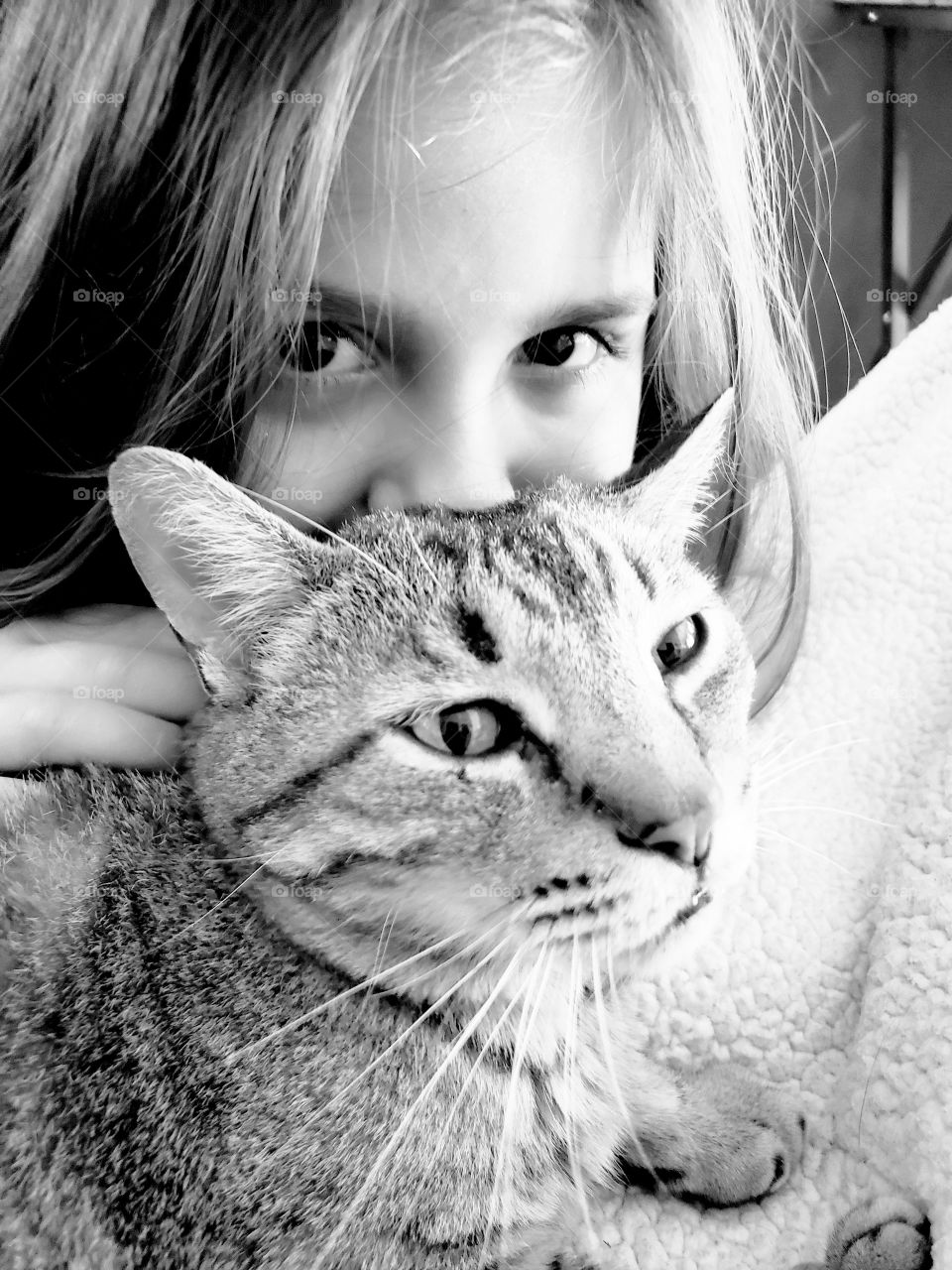 girl and cat in black and white