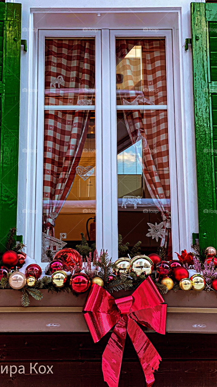 wooden house with wooden green windows, green windows, winter windows, beautiful windows, antique windows, christmas window, decorated window