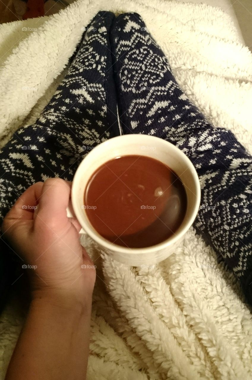 getting warm with hot chocolate and cosy warm socks