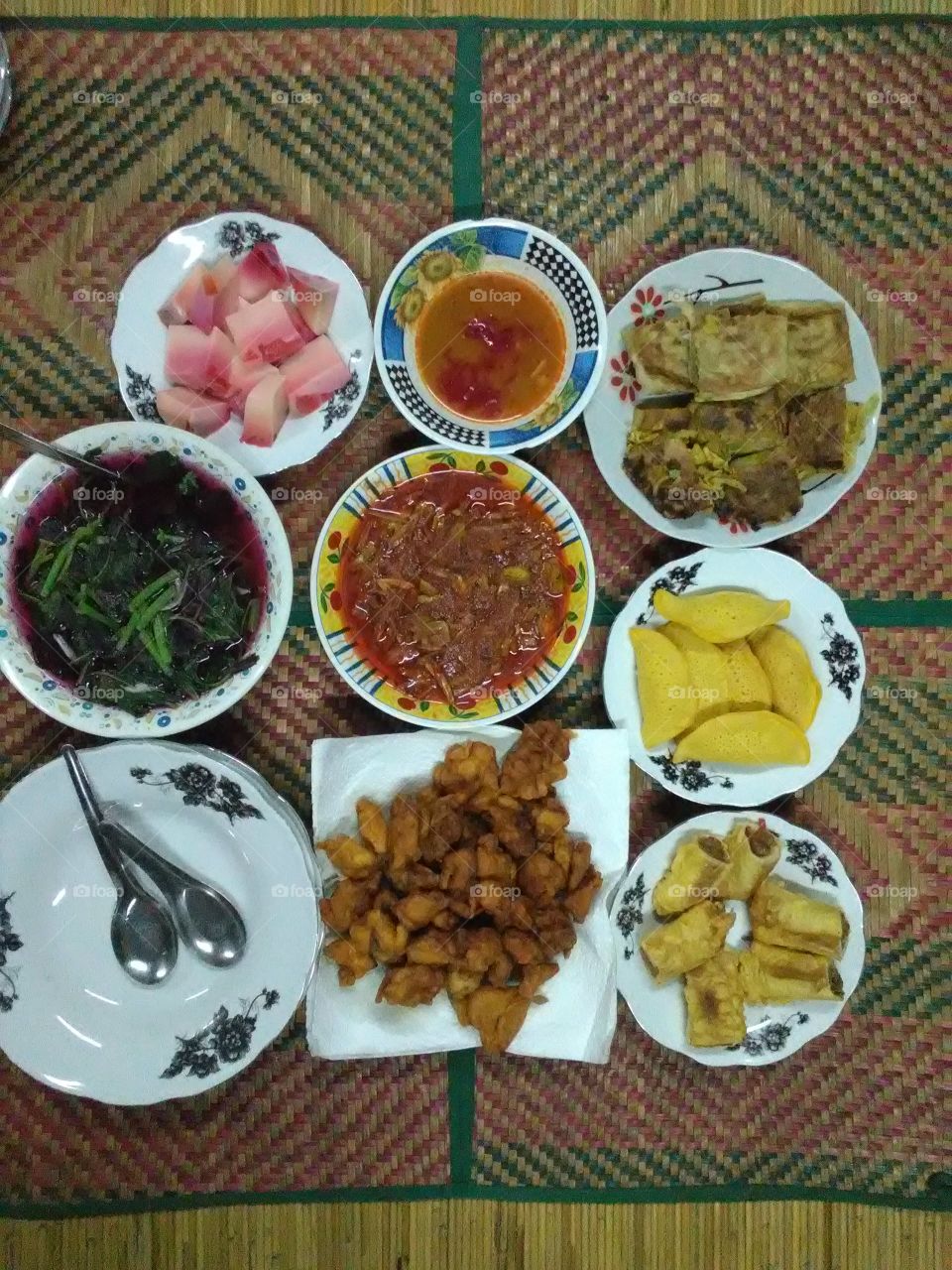 Malaysian homemade food for breaking fast - Sambal bilis, sardin roll, Malaysian traditional food, Sarawak apom; murtabak, pudding, purple spinach soup and introducing the special, spiciest, tastiest, Hot & Spicy Chicken Popcorn