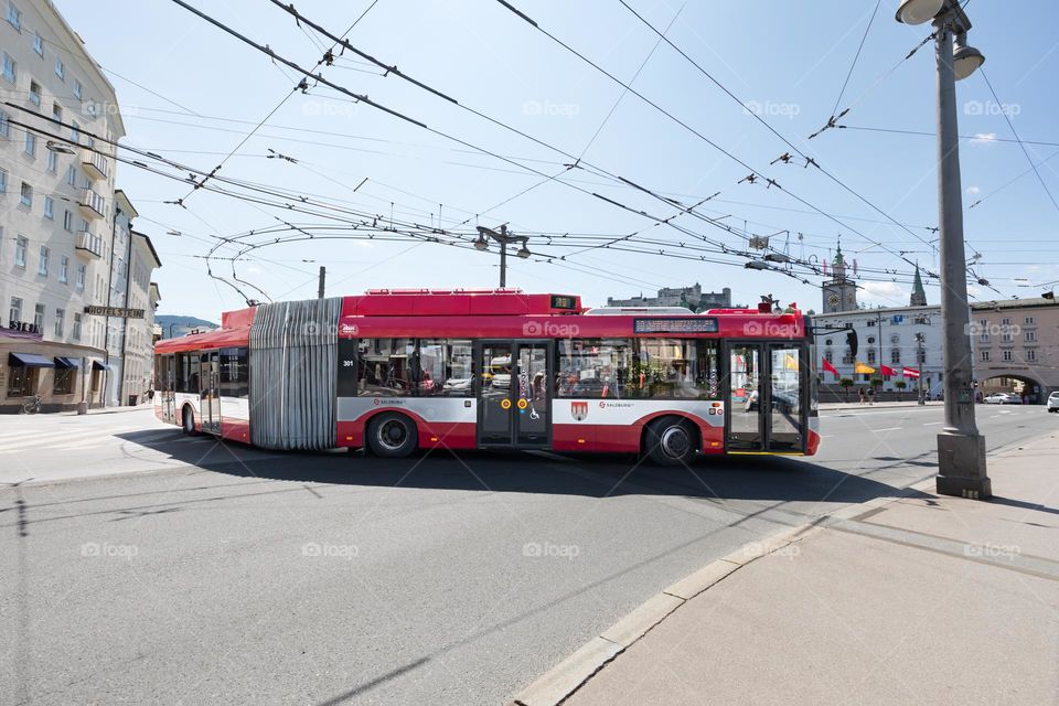 Public transportation, electrically powered bus in the city of Salzburg Austria 