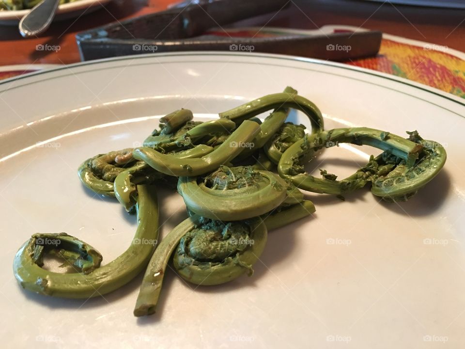 Wild fiddleheads cooked on plate