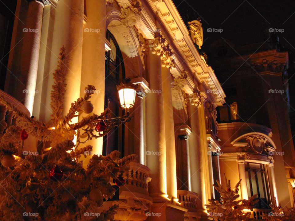 Classical building at night with light