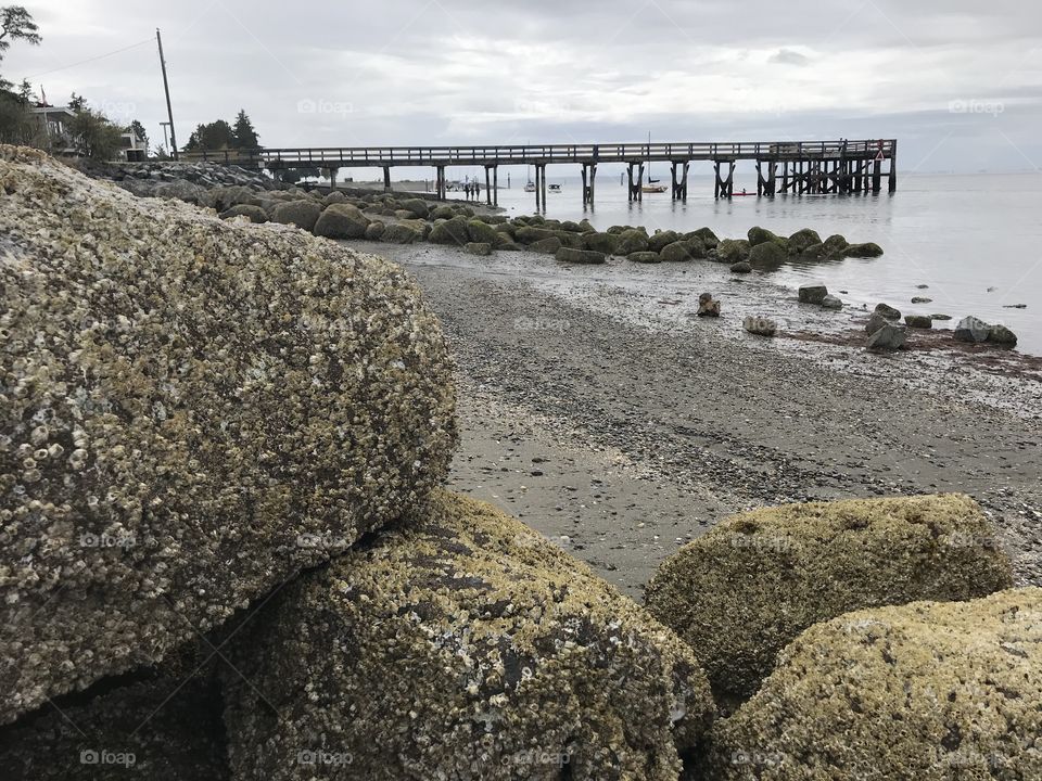 Amazing, long pier with grey rocky sandy beach. 