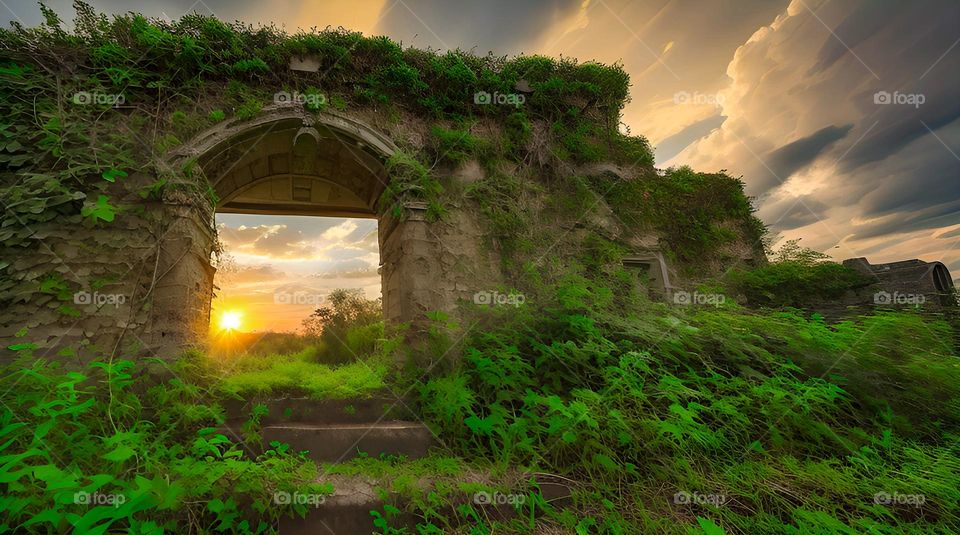 abandoned and derelict abbey with sun setting through arch