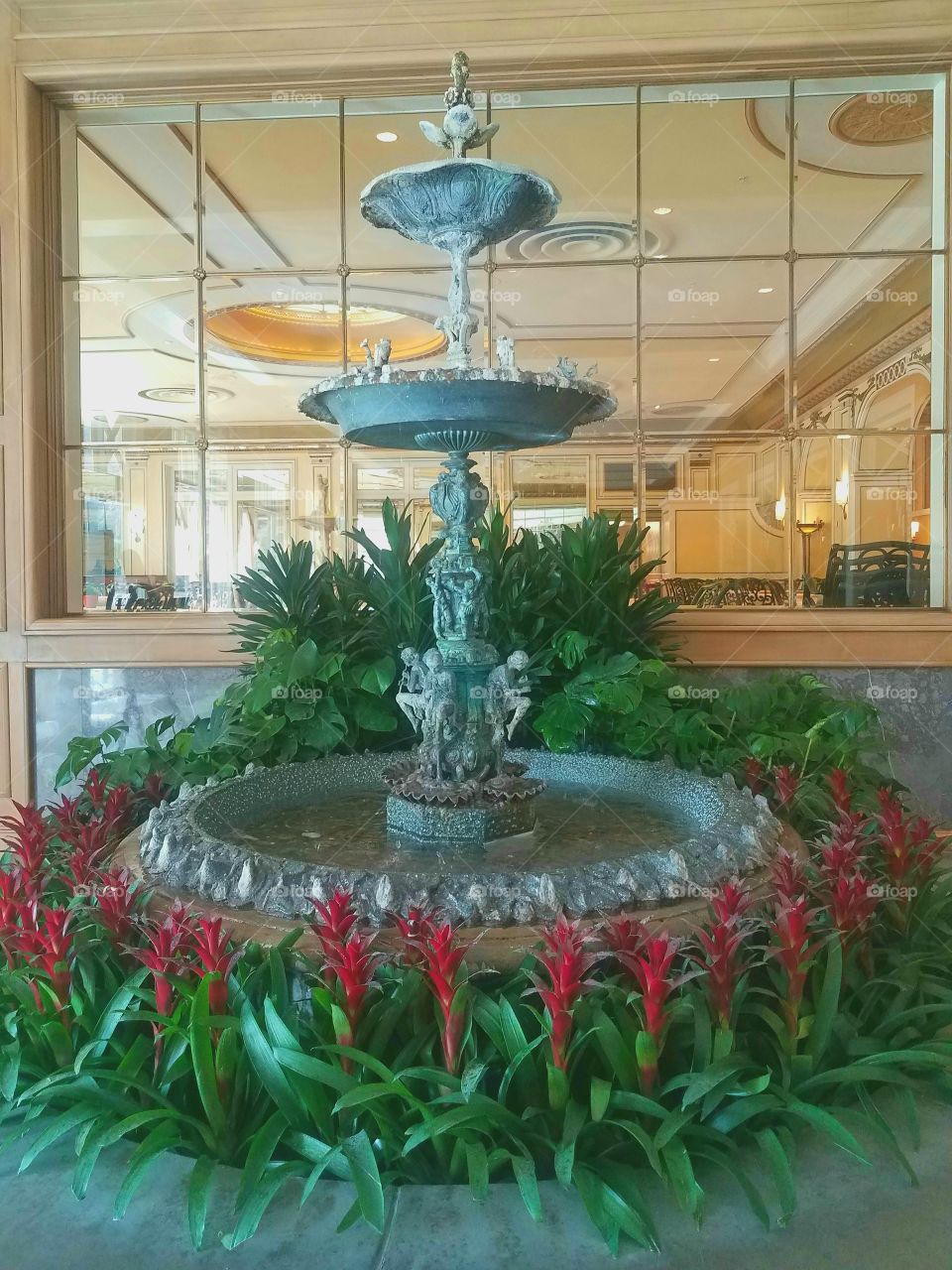 water fountains  hotel fancy dining room  plants