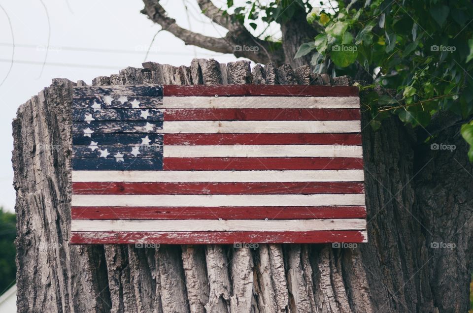 Old wooden flag board hanging on tree stump
