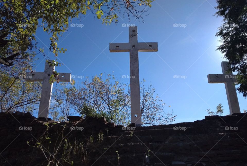Three crosses,  religious spot up in the mountains