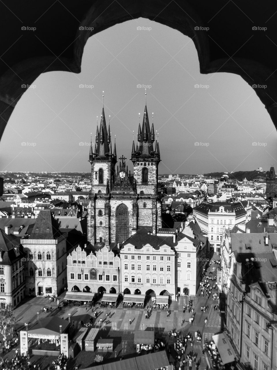 Týn Church. View of the Church of Our Lady before Týn and the city of Prague from the tower of the Old Town Hall, Prague.