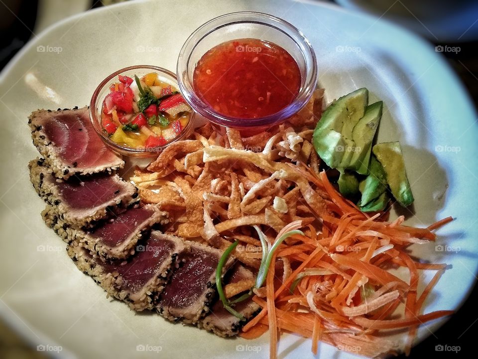 Sesame seared ahi-tuna with a bunch of other delicious things :-) from Wood n' Tap.