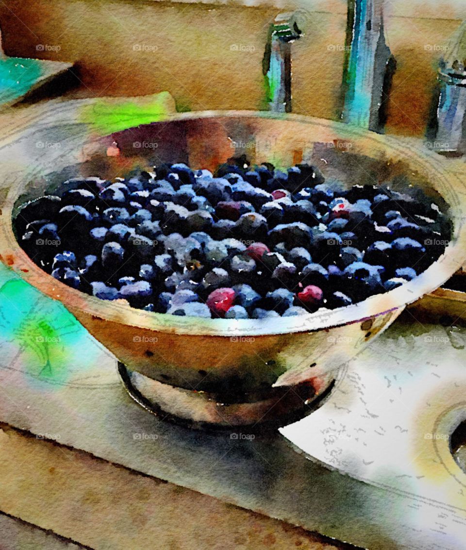 Freshly picked blueberries in a colander on the kitchen sink. Photograph was edited using a camera filter to make it look like a watercolor painting. 