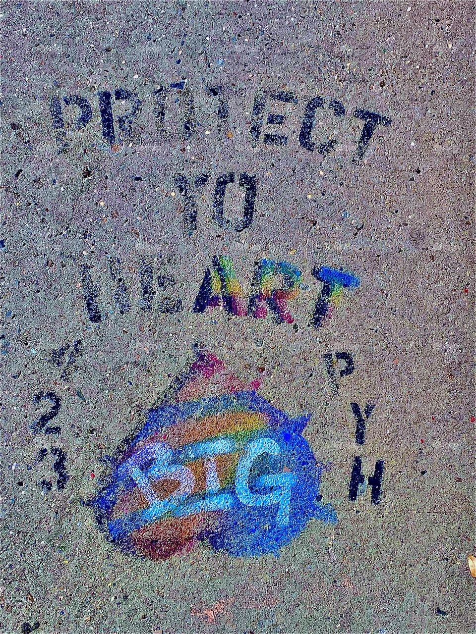Here’s a closeup of the stencil I found on the sidewalk of “Fulton St” in “Ft Greene”, Bklyn at the corner of “The Notorious BIG Christopher Wallace Way”, formerly “St James Place”. It reads “PROTECT YO HEART”. 2022. Hypnotic Productions