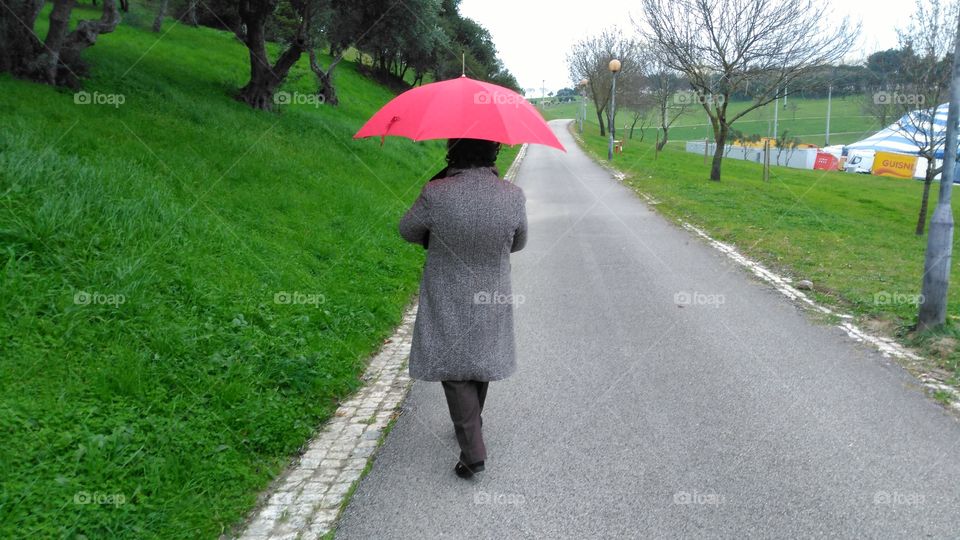 Rear view of a woman holding umbrella walking on empty street