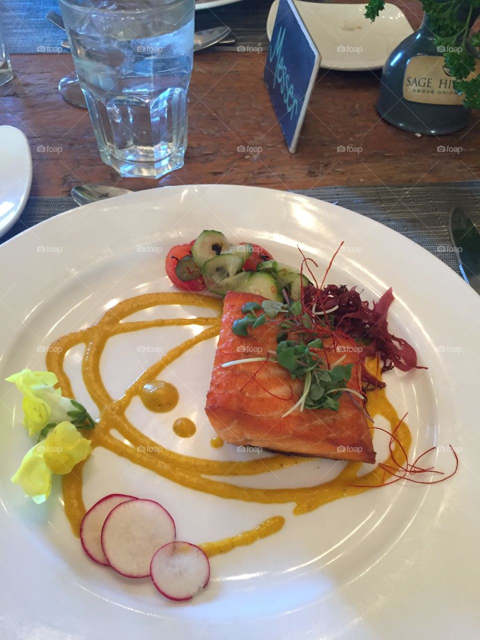 Beautifully arranged plate with salmon, radishes, a mustard sauce of sorts, and pretty garnishes. 