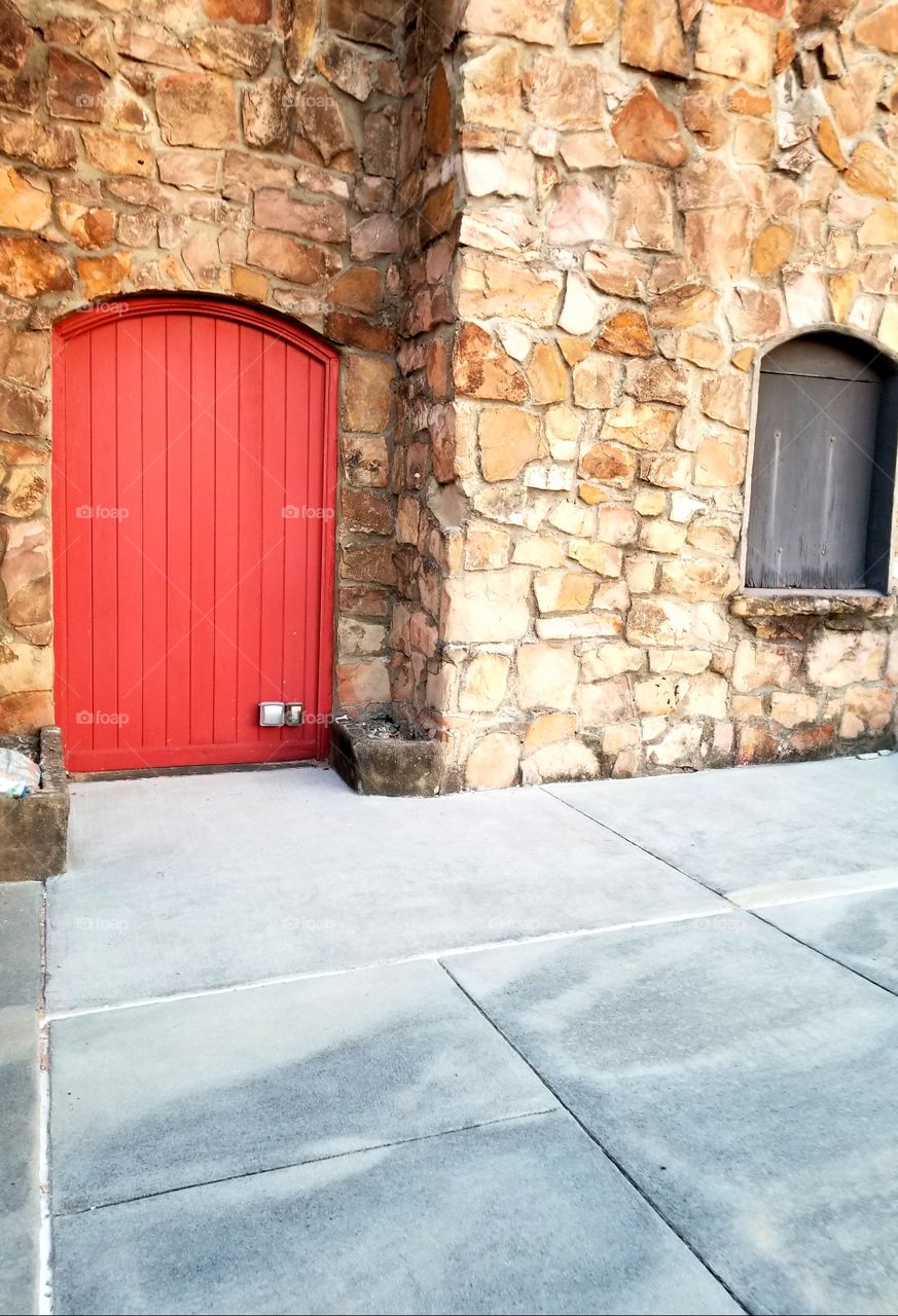 red door, gothic, castle, window, patio. stonework