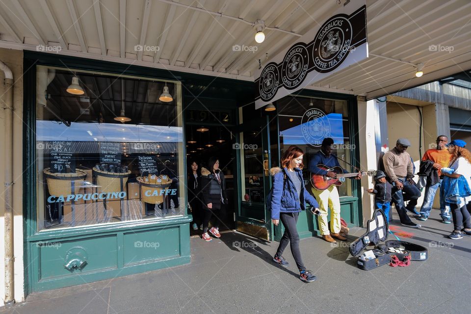 Outside the first Starbuck store in Seattle Washington USA 