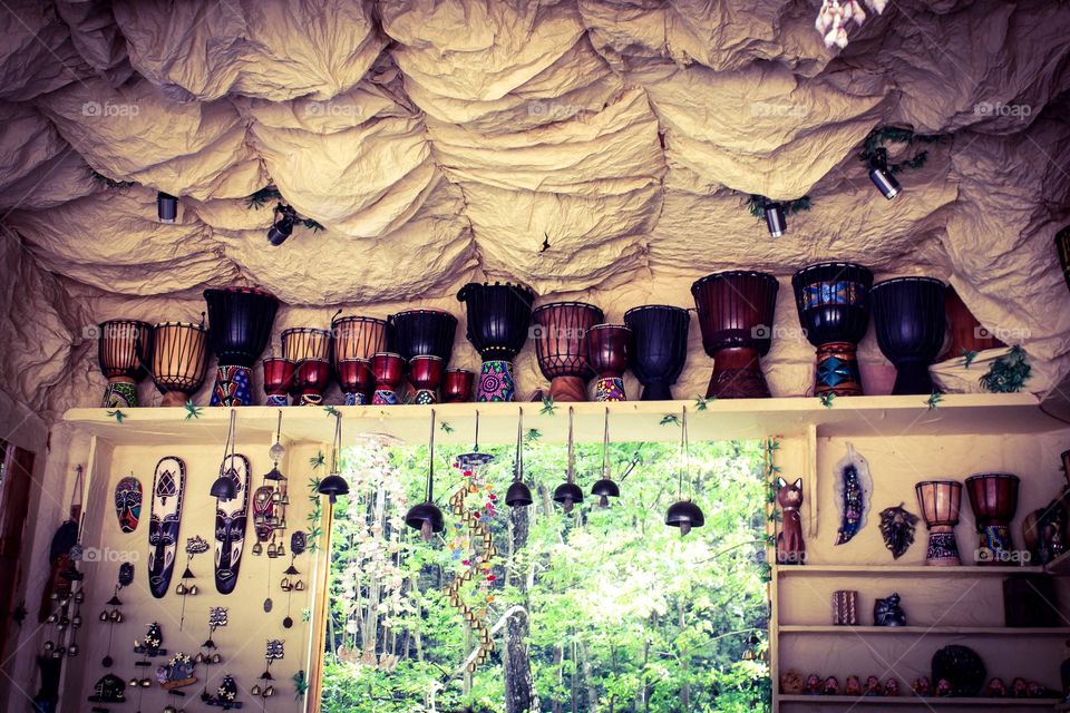 A store with unique ceiling and products