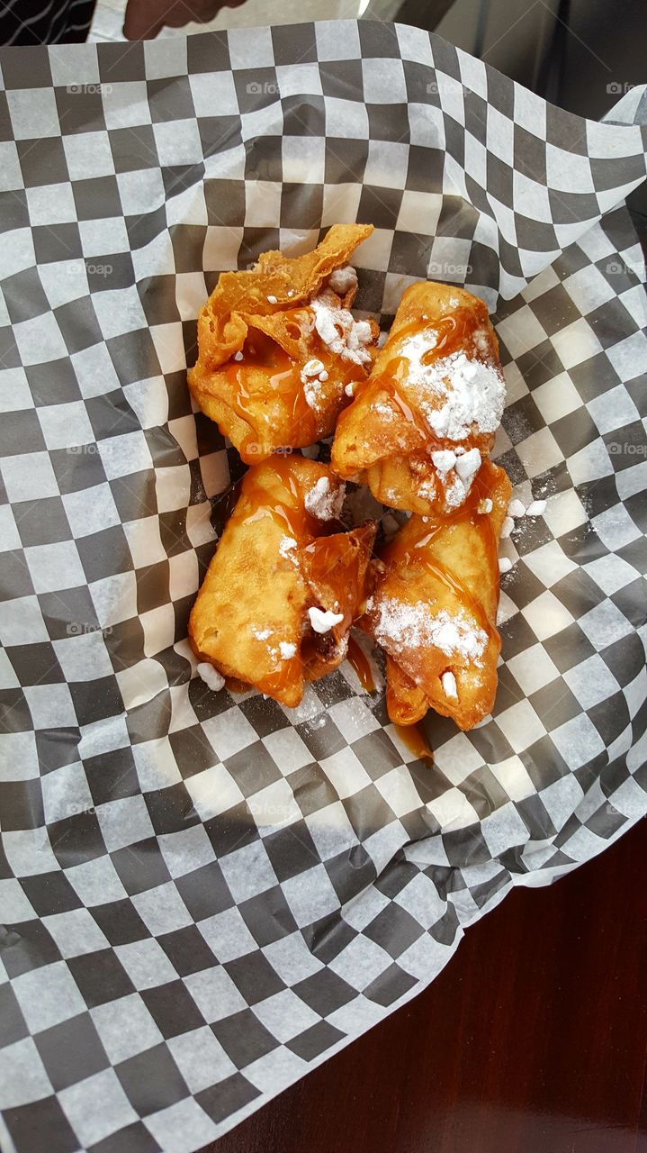 fried wonton filled with carrot cake and cream cheese frosting