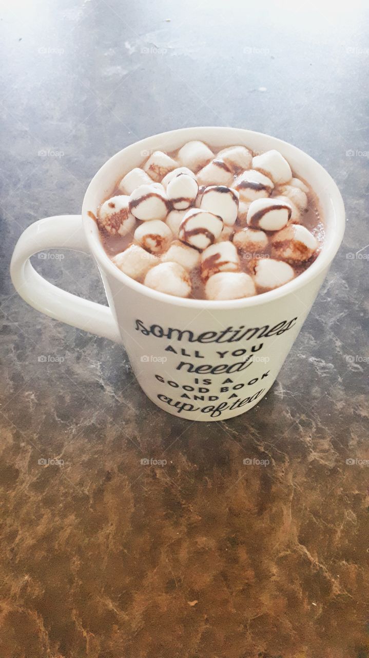 Tea,Books are lovely 
Hot chocolate and marshmallows with chocolate sauce is gold on a cold day.