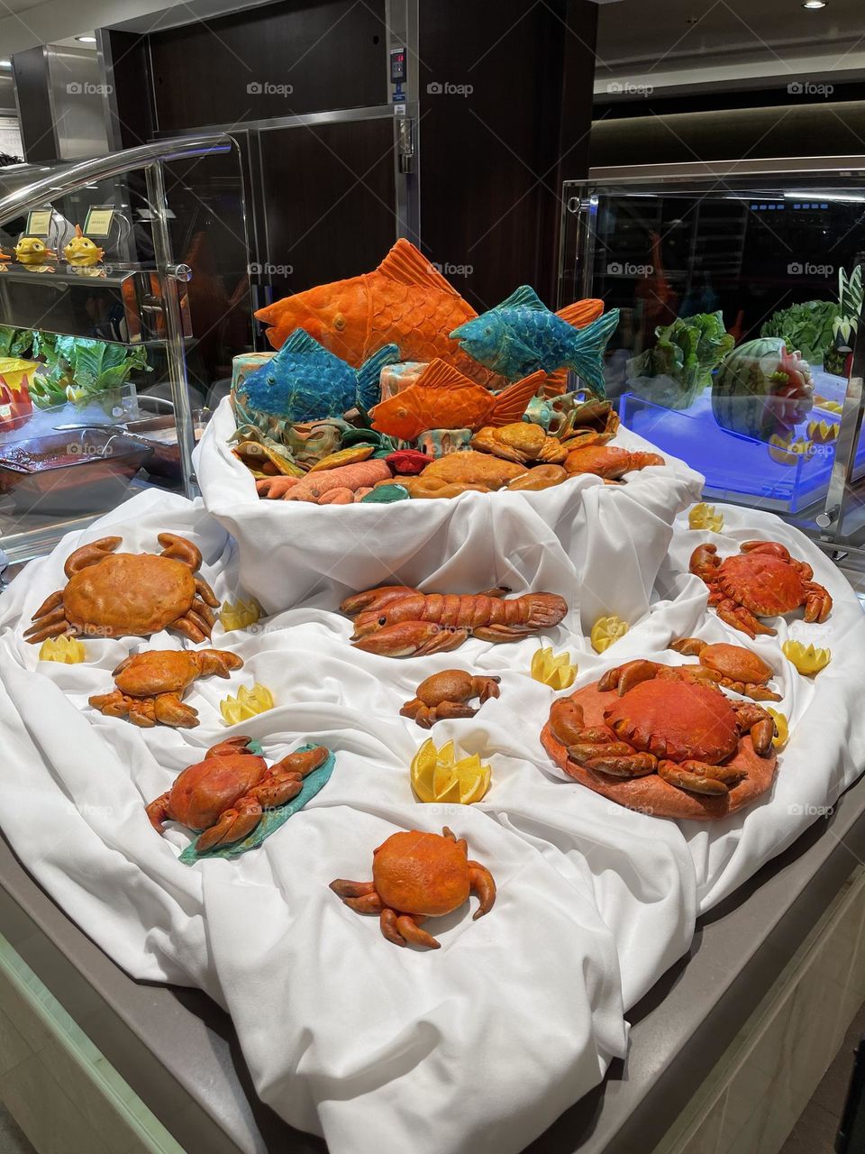 It’s a seafood fest with a carb twist. The unique showcase has a mixture of different sea life.