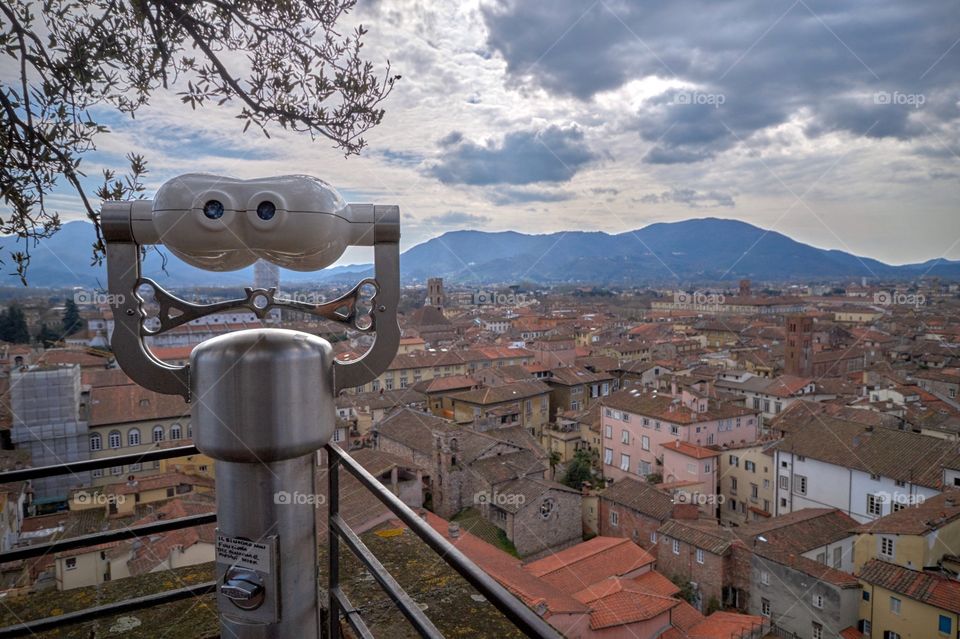 Lucca in Tuscany Italy taken from a bell tower. There are trees growing at the top odd.