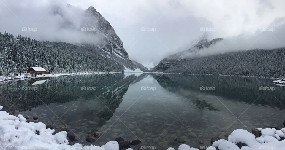 Lake Louise, Alberta on a snowy October day. 