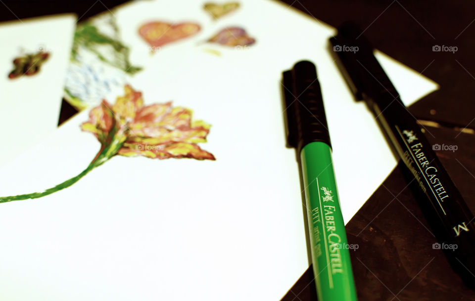 Creativity drawing with Faber-Castell artist pens flowers for springtime on cards with landscapes and hearts 