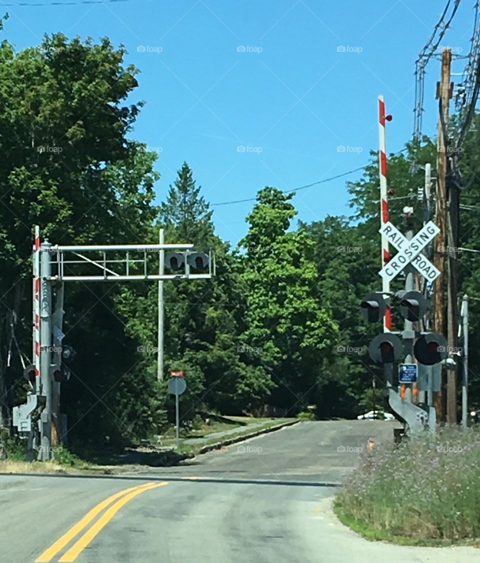 Railroad Crossing, blue sky, woodlands, road, warning lights, flashing lights, bells, warning!