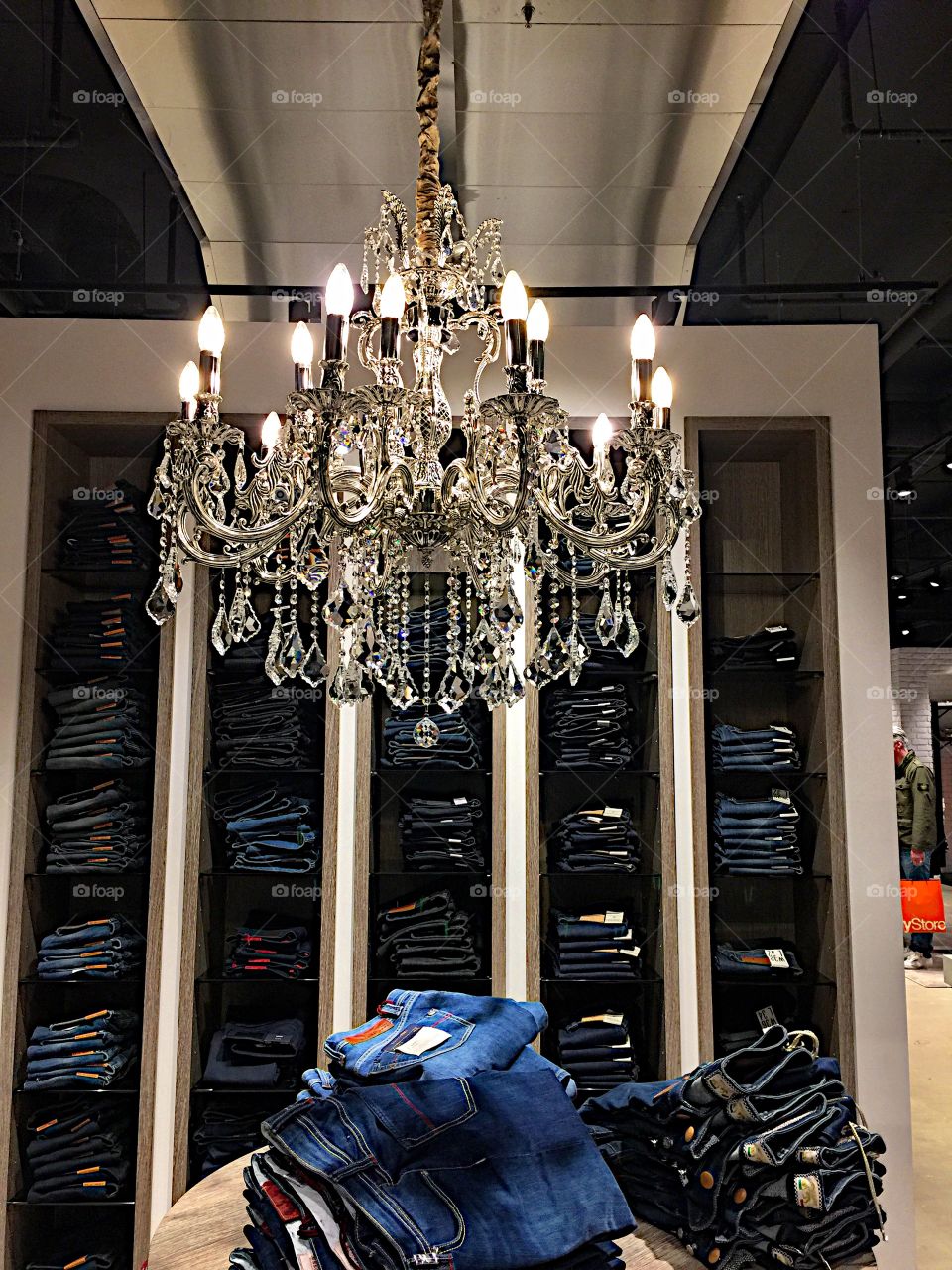 Jeans Shop with crystal chandelier!