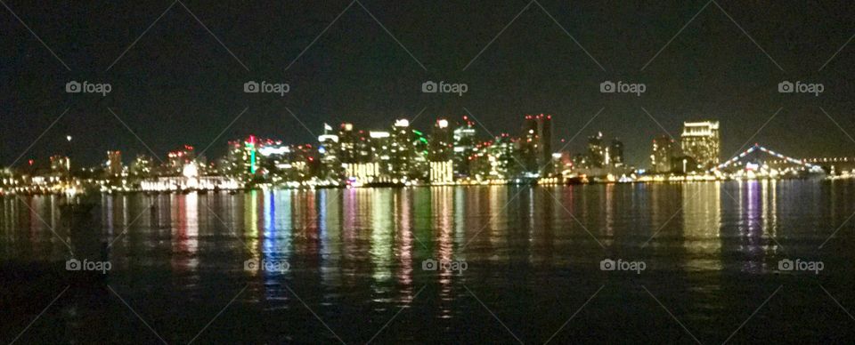 San Diego City Lights Reflected on Water