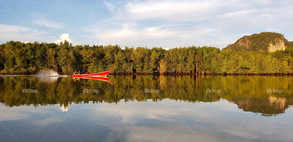 Beautiful lake boat reflection