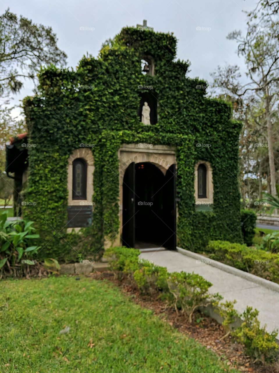 old spanish mission style architecture church covered in green vines