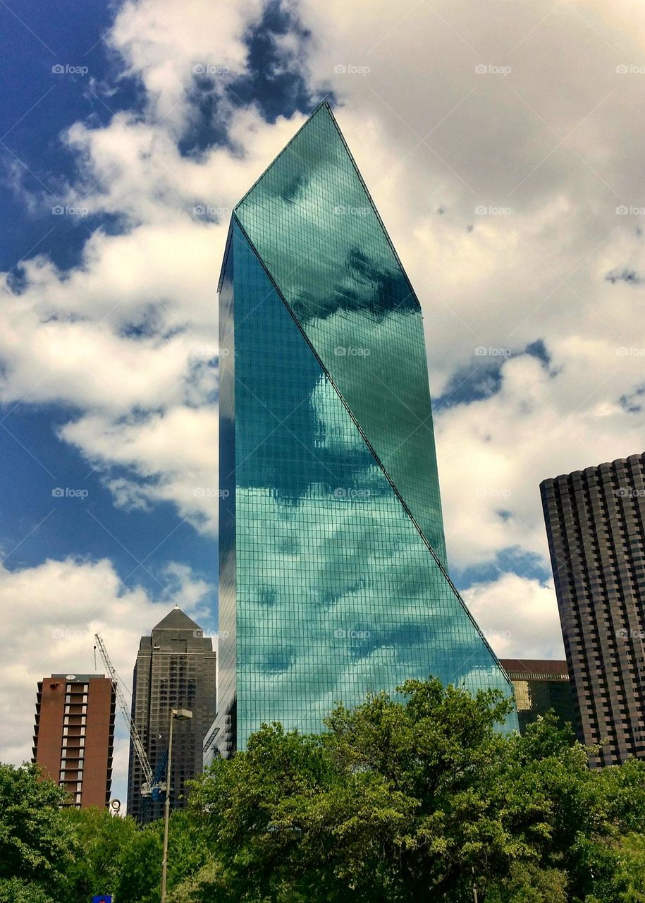 Cloud filled Mirrored Marvel of Architecture  in downtown Dallas, Texas