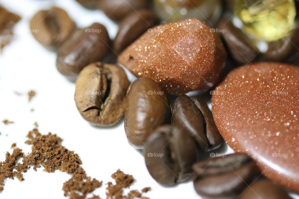 Semi-precious stones and coffee beans